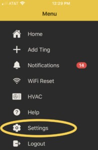 Ting app main menu, Settings option circled