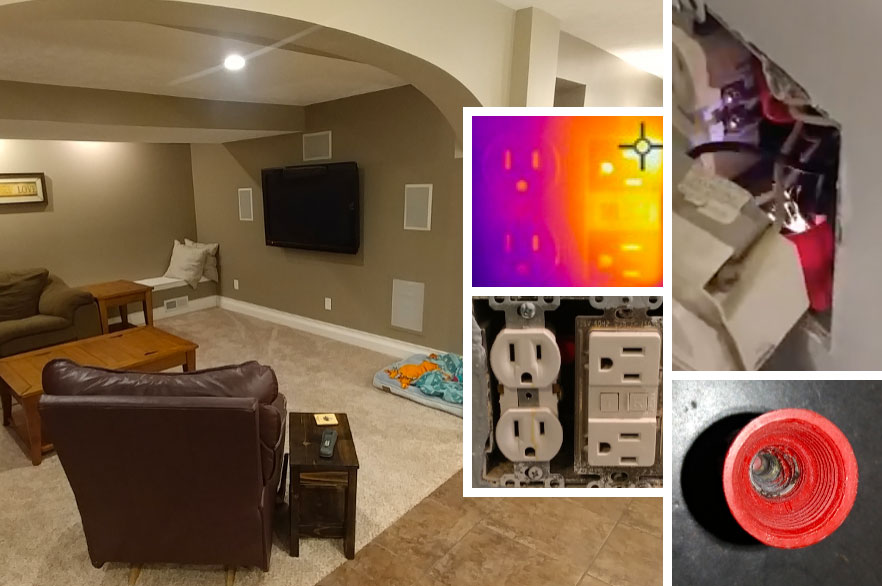 Composite image of living room, a power outlet, and infrared imagery of a power outlet to show heat sources