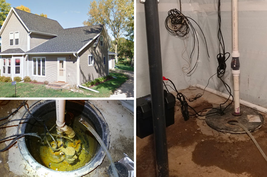 Three images composition, one of an establishing shot of a house, and two of older sump pumps