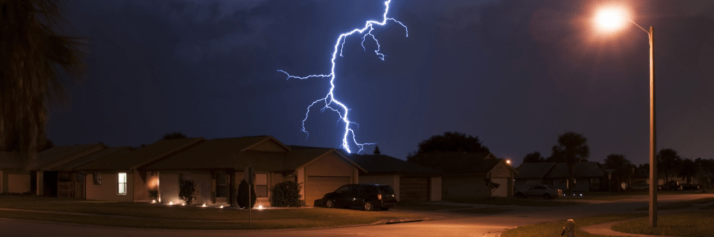 nighttime image of lightning near a home