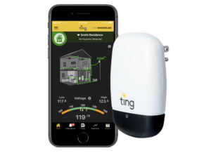 Ting app on smartphone with Ting sensor next to it.