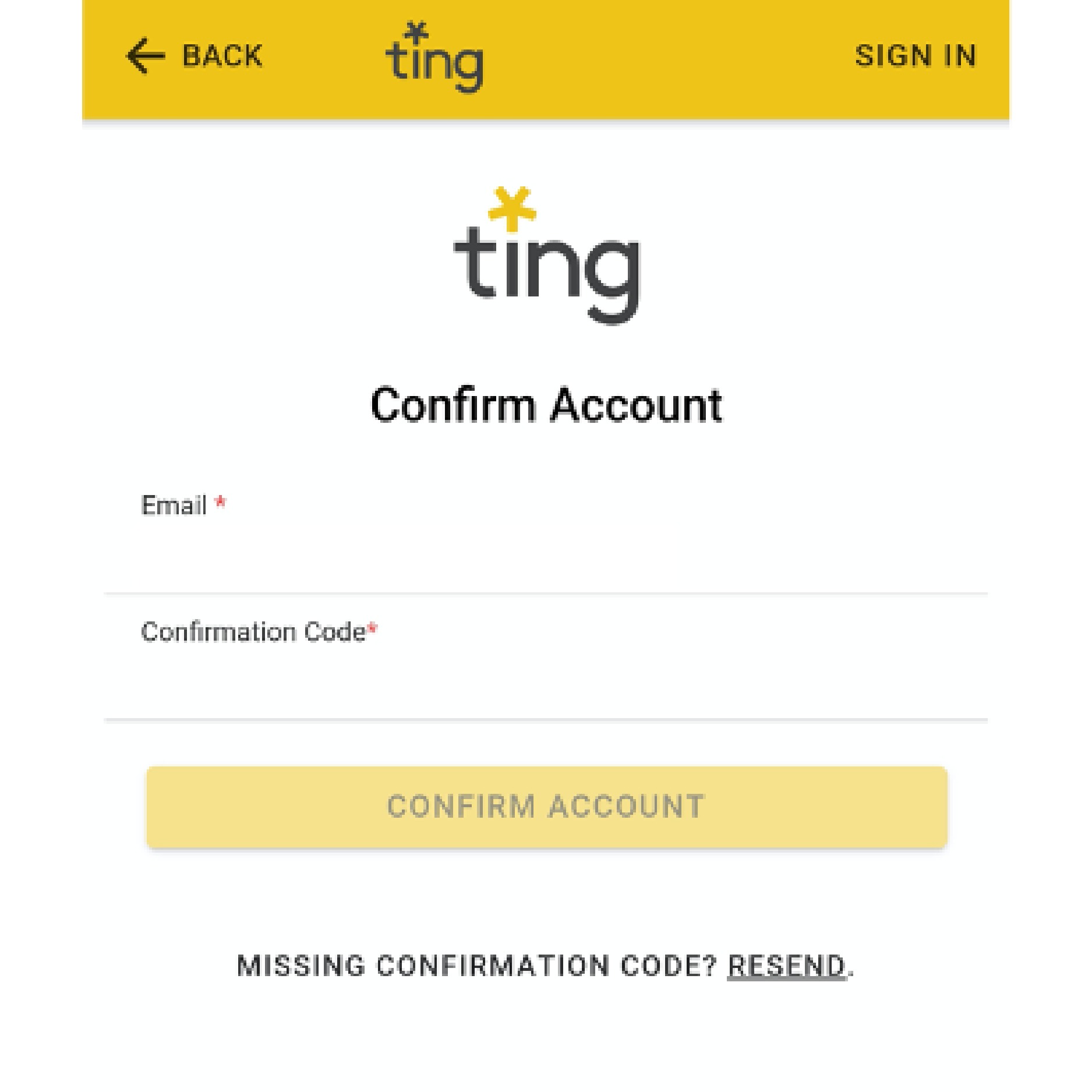 ting sensor app screen - confirm account