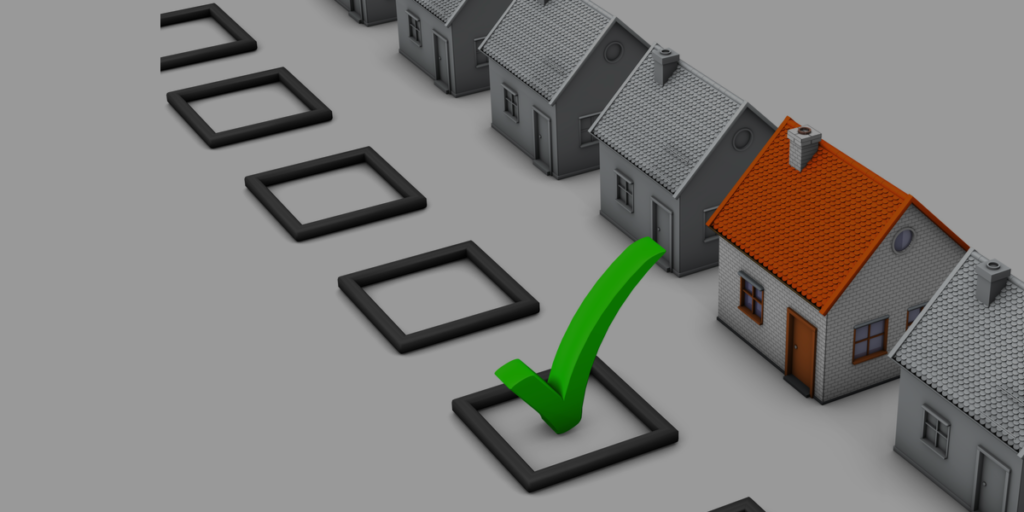 Homes in a row with green check mark in front of the home with a great fire safety plan