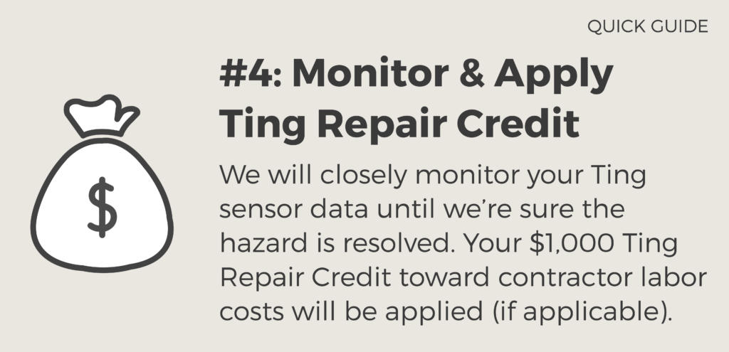 The graphic portrays that the fourth step is that the Ting Fire Safety Team will apply the $1,000 hazard repair credit (if applicable).